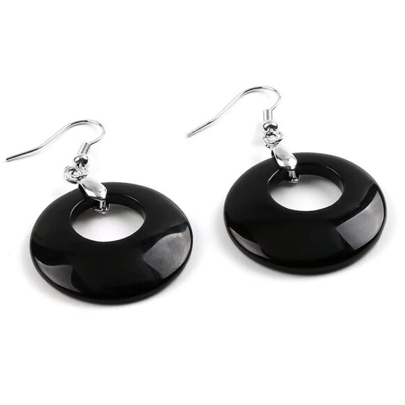 Obsidian Black Natural Stone Gemstone Healing Round Donut Dangle Earrings - Picture 2 of 2